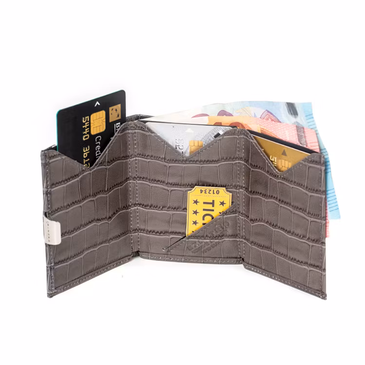 Exentri Wallet Caiman Grey, smart plånbok designad för kort, sedlar och kvitton.