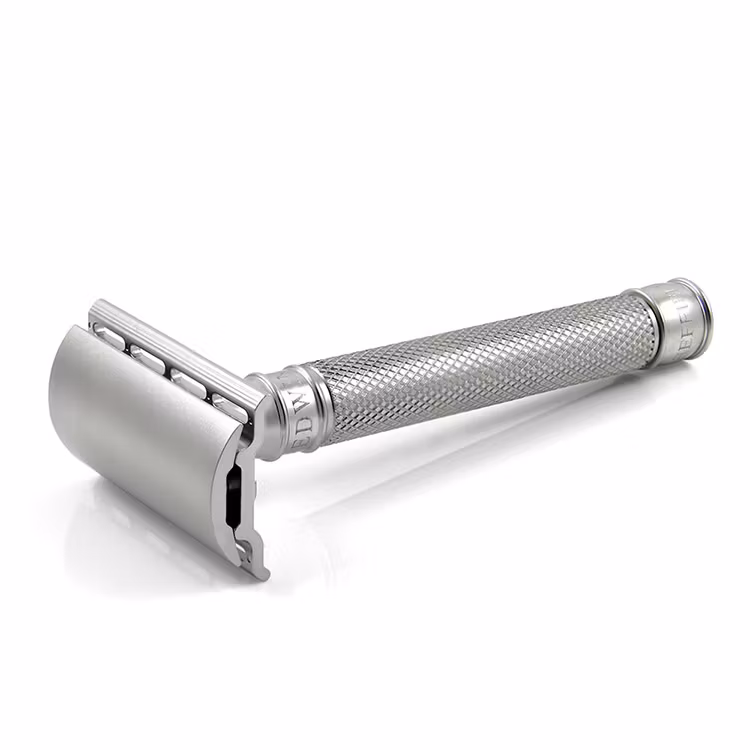 Edwin Jagger 3ONE6 Stainless Steel Knurled DE Razor, Premium hyvel i rostfritt stål med räfflat handtag.