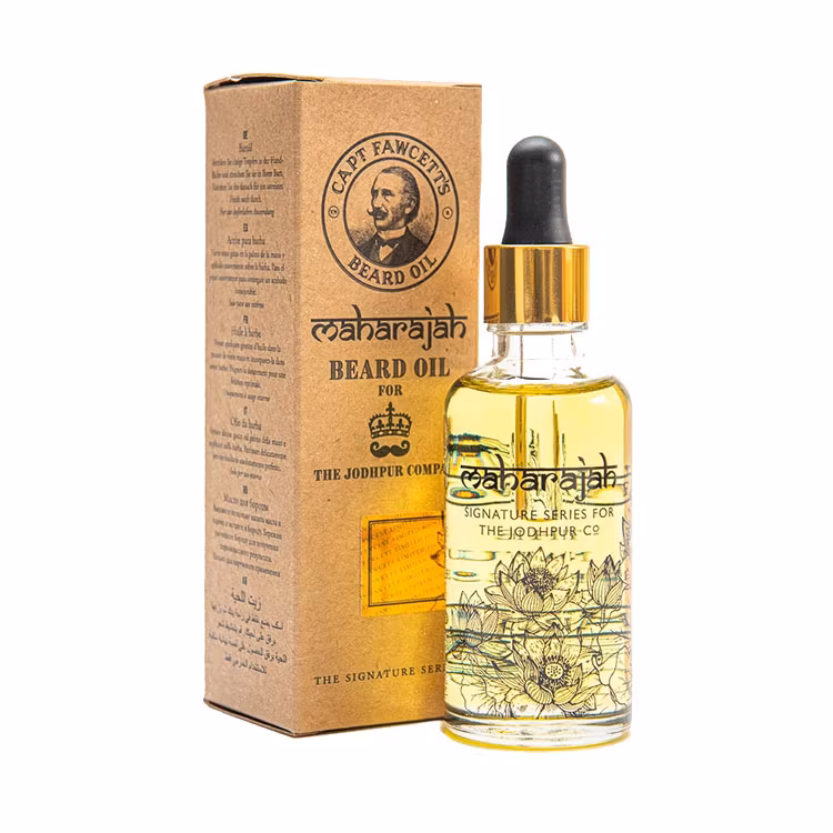 Captain Fawcett Maharajah Beard Oil 50 ml, en lyxig skäggolja för en kunglig finish. Inspirerad av indiska doftnoter i ett samarbete med The Jodhpur Company.