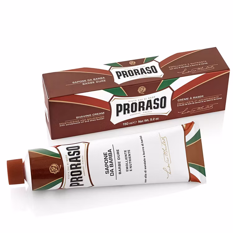Proraso Shaving Cream Tube Nourishing Sandalwood and Shea Butter, Rakkräm på tub med sheasmör och sandelträolja som passar bra för grövre skäggväxt.