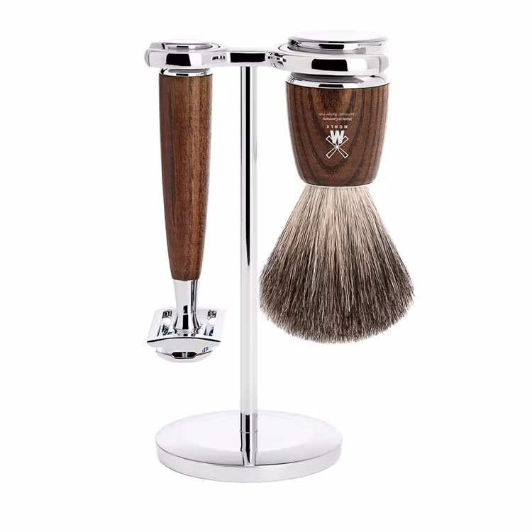 Mühle Rytmo Rakset 3-delar med säkerhetshyvel och rakborste fylld med Pure badger grävlingshår