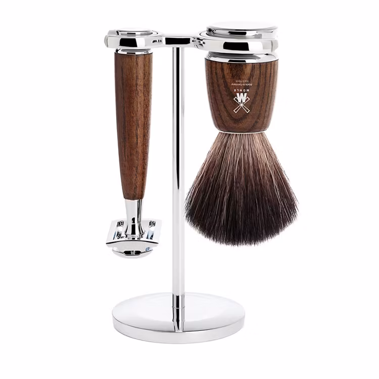 Mühle Rytmo Rakset 3-delar med säkerhetshyvel och rakborste fylld med Silvertip Fiber syntethår.