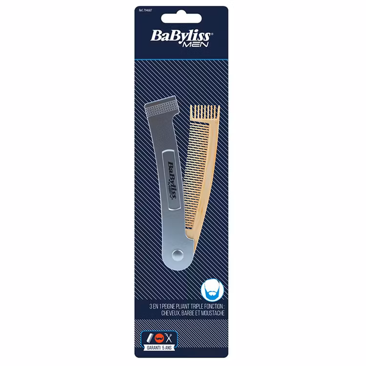 Babyliss Men Hopfällbar Skäggkam/Mustaschkam, kam för hår, skägg och mustasch som är lätt att ta med sig.