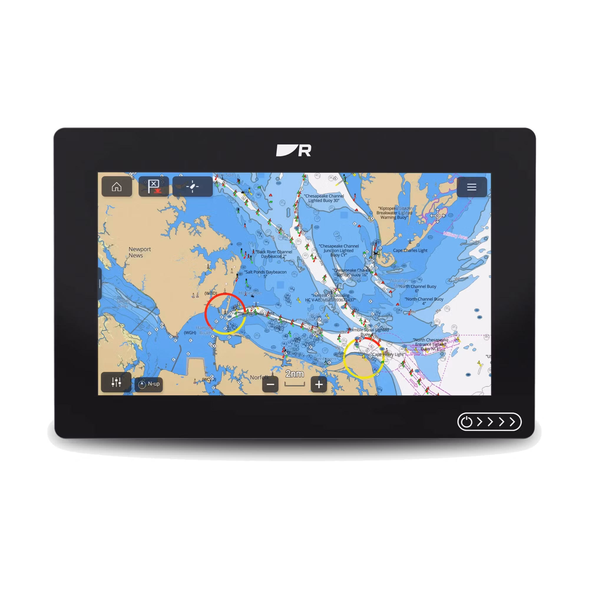 Raymarine Axiom 2 12-tums MFD sedd framifrån med sjökort på skärmen.