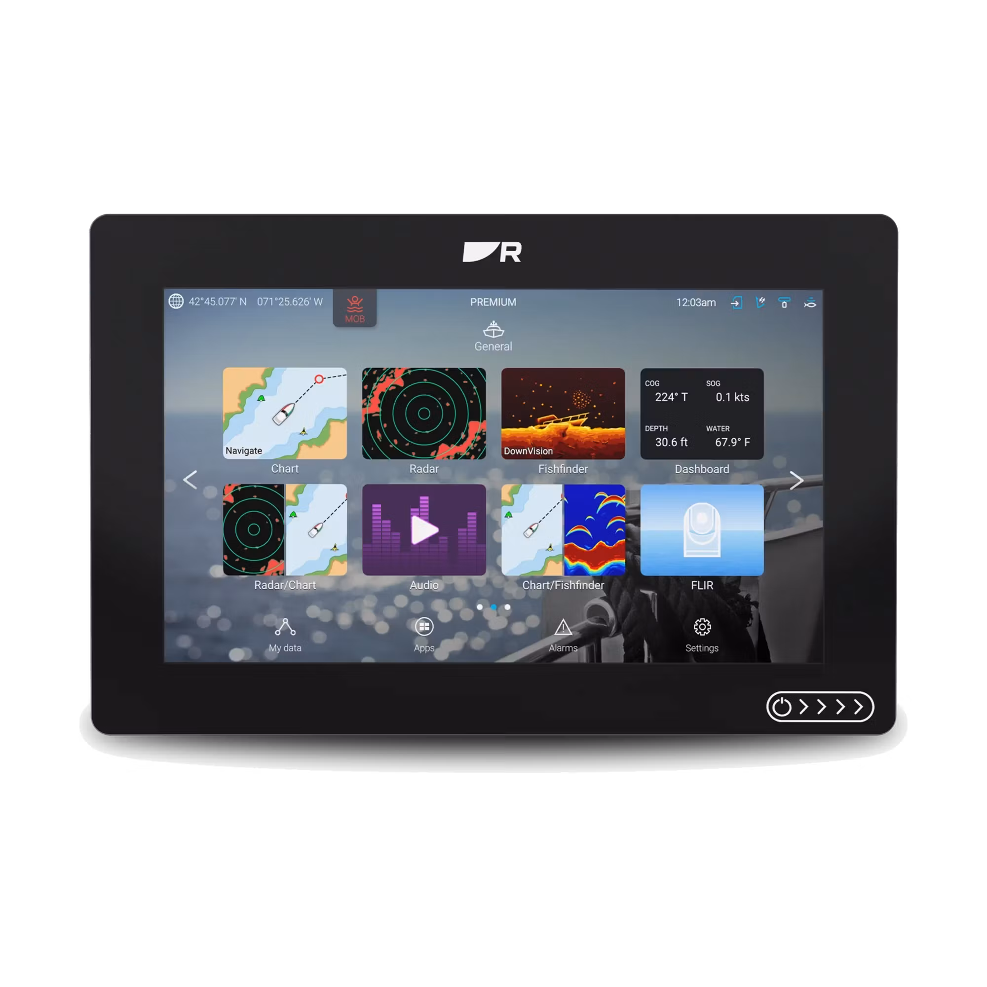 Raymarine Axiom 2 12 tum MFD sedd framifrån med tänd startskärm.