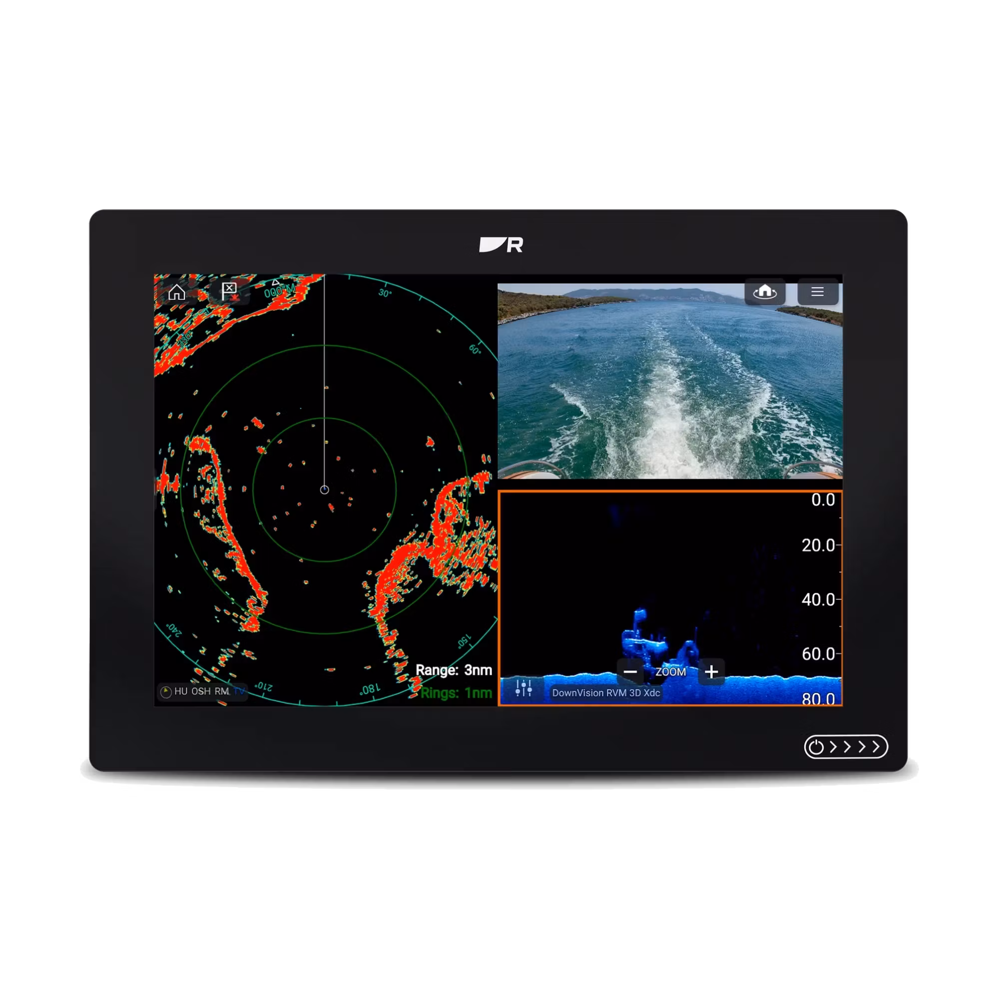 Raymarine AXIOM 2 12 tum MFD framifrån med delad skärm.