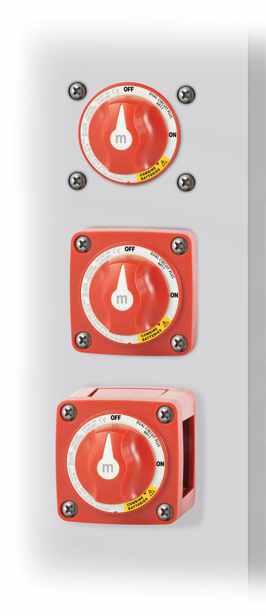 Blue Sea Systems - Huvudbrytare 300A Plus, 2 batterier, 3 positioner, röd