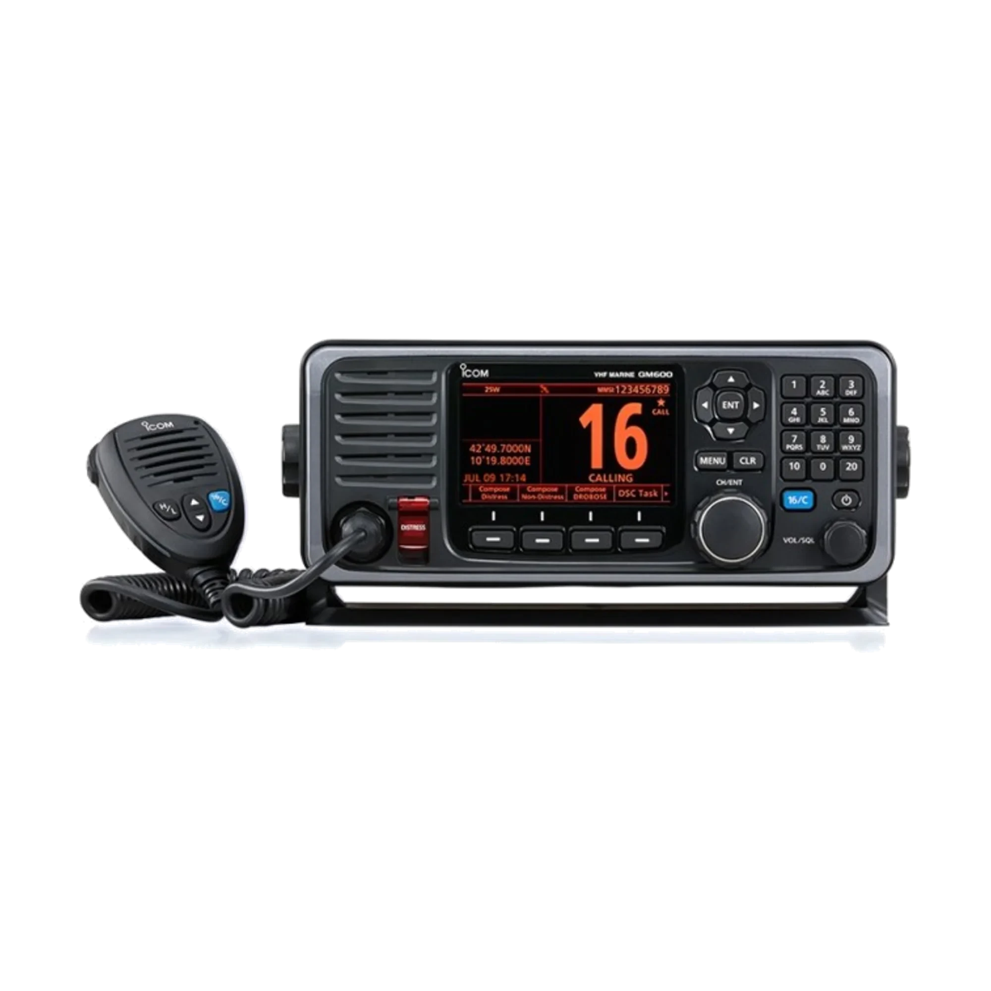 Icom GM600 GMDSS-radio med tillhörande handmikrofon sedd framifrån.