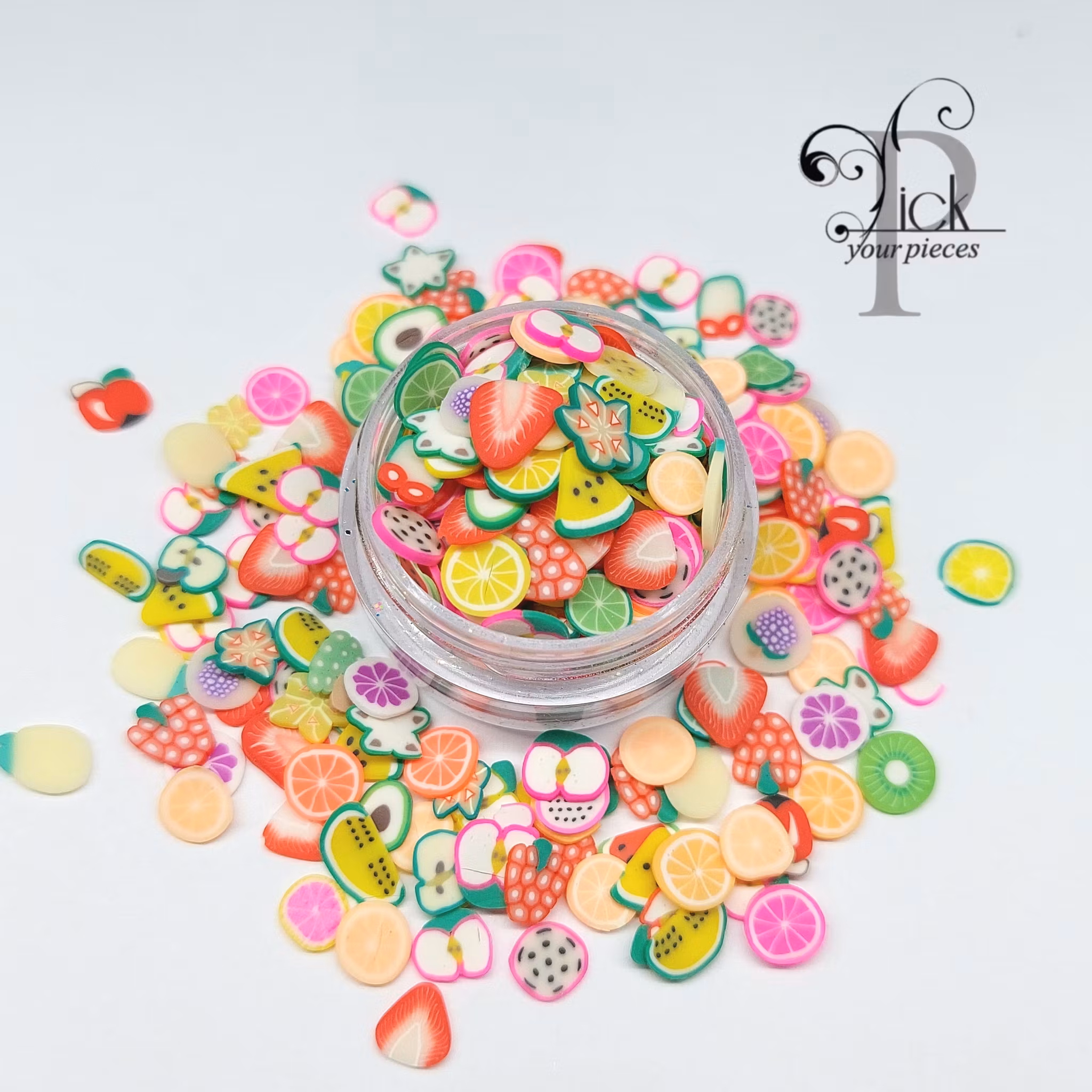 Fimo frukter i en burk, blandade frukter, frukt, nageldekorationer, pyssel