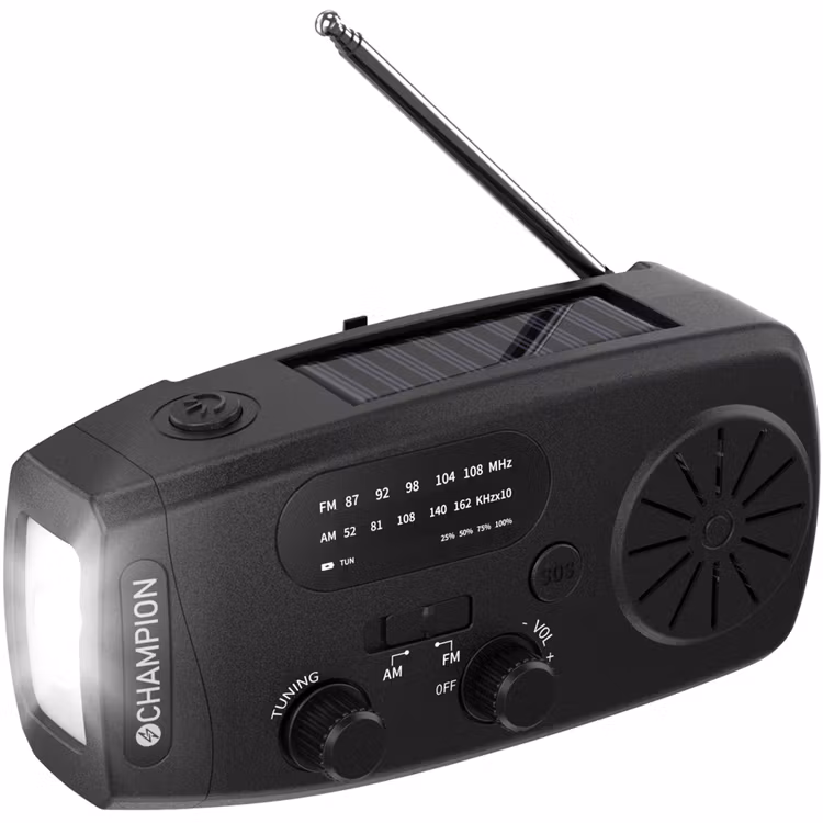 Vevradio med ficklampa och solcell Svart