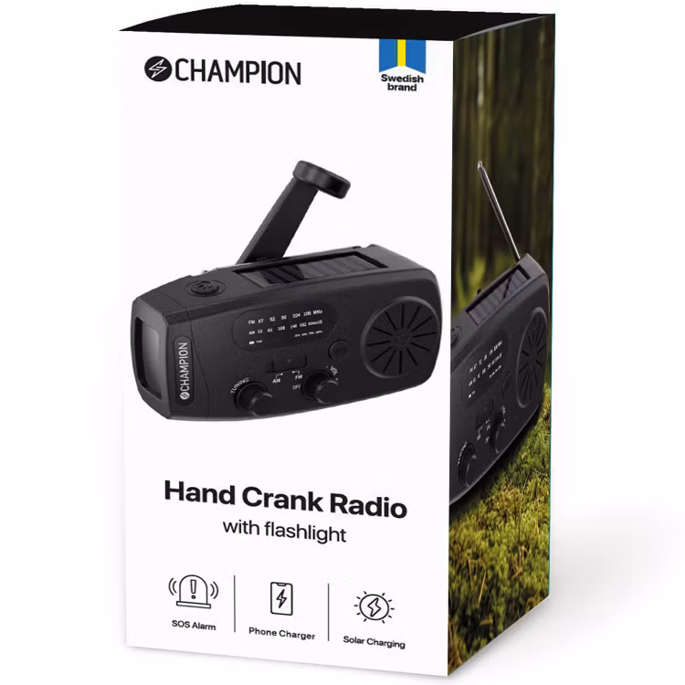Vevradio med ficklampa och solcell Svart