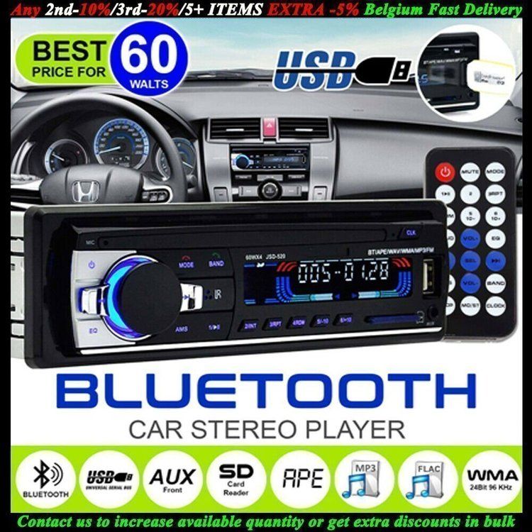 12V Bluetooth Bilstereo Car Stereo FM Radio MP3 Audio Charger SD/USB/AUX