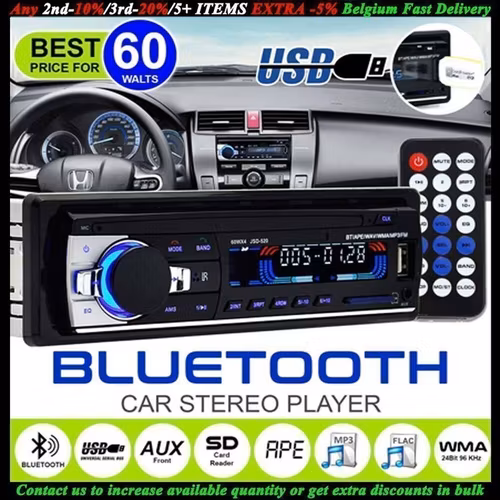 12V Bluetooth Bilstereo Car Stereo FM Radio MP3 Audio Charger SD/USB/AUX