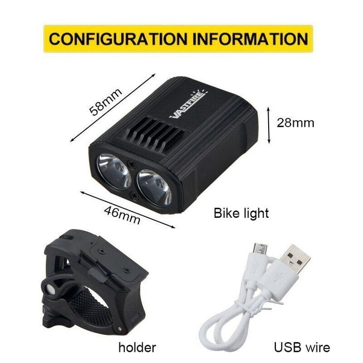 Superstark Uppladdningsbart Cykellampa Cykelljus Framlampa 2 LED 1200 Lumen