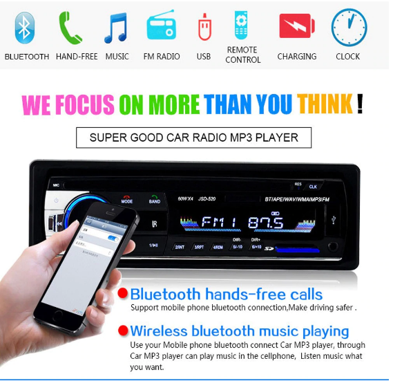 12V Bluetooth Bilstereo Car Stereo FM Radio MP3 Audio Charger SD/USB/AUX
