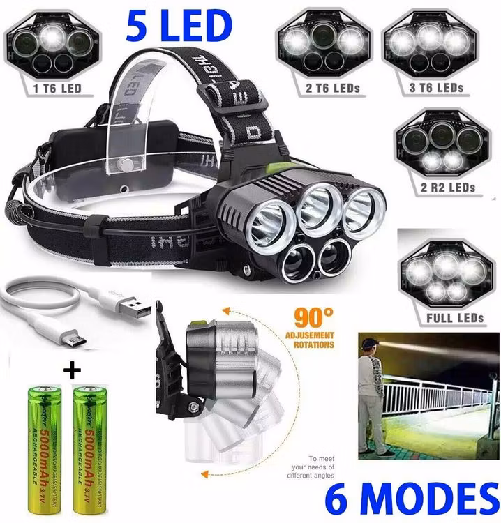 Superstark Pannlampa 5X T6 45000 Lumens Uppladdningsbar Utomhus Jakt