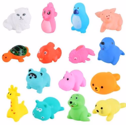 12 st Djur Simning Vatten Leksaker Färgglada Set Mjukt Gummi Float Squeeze Sound Tryckljud Squeaky Badleksak För Baby Badleksaker GYH