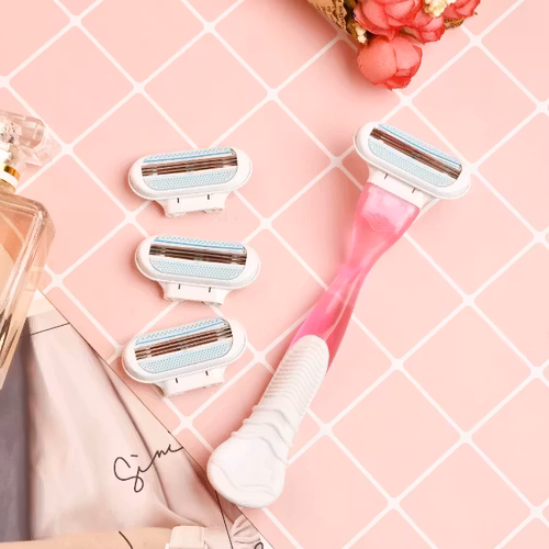 Rakhyvel + 4 utbytbara rakblad Kvinnor Dam Barber Trimmer Bikini Razor Underarm Razor - Rosa