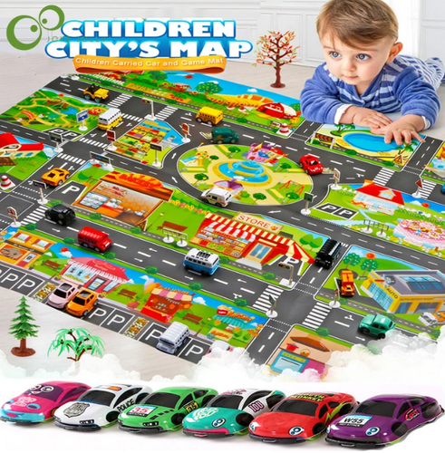 Stor Leksaksmatta med Bilar och Trafikskyltar Set