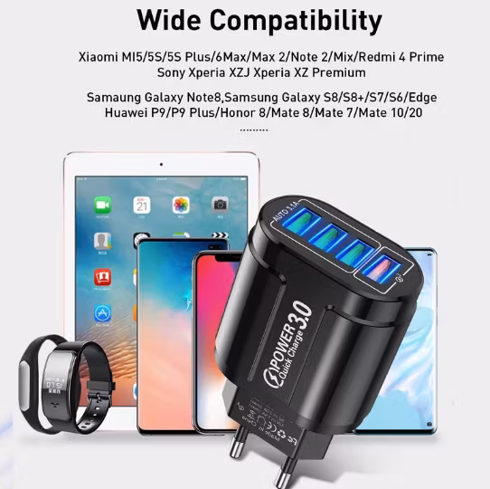 USB-nätladdare 4x USB, QC 3.0