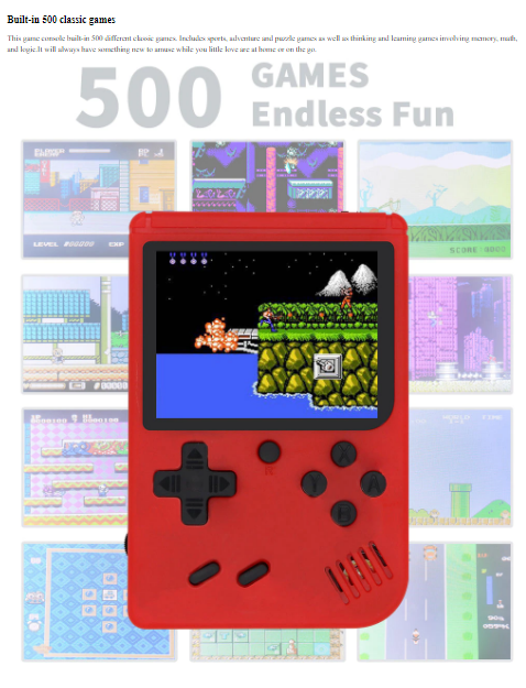 Klassisk handhållen mini konsol med 500 st inbyggda spel