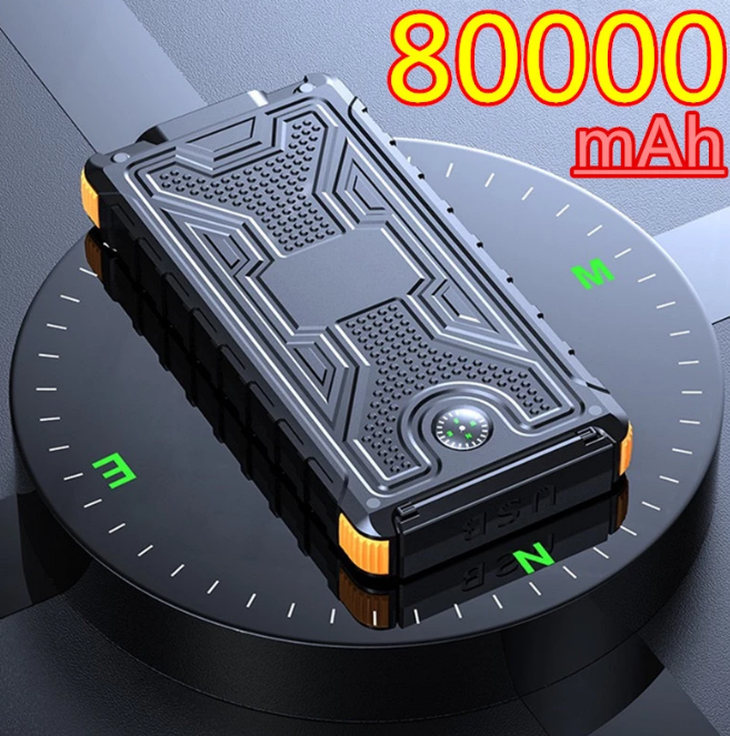 Vattentät Powerbank 80000mAh med solceller, ficklampa & kompass