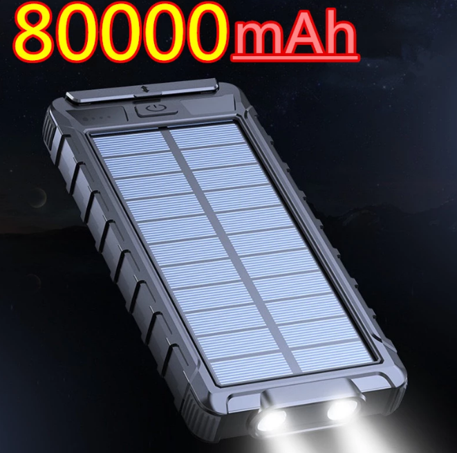 Vattentät Powerbank 80000mAh med solceller, ficklampa & kompass