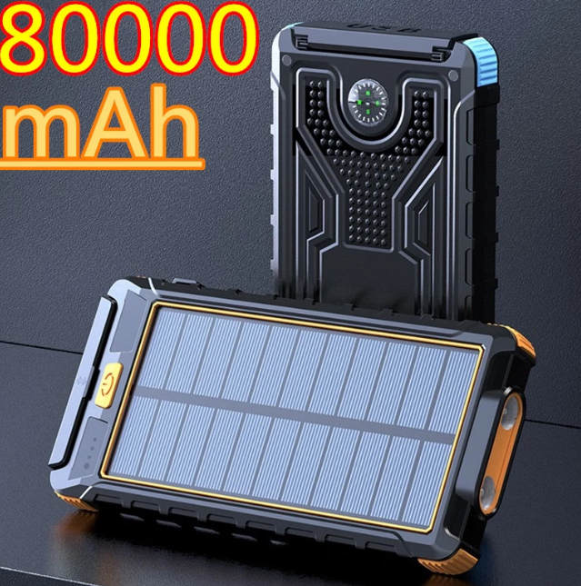 Vattentät Powerbank 80000mAh med solceller, ficklampa & kompass