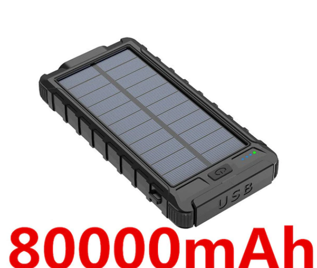Vattentät Powerbank 80000mAh med solceller, ficklampa & kompass