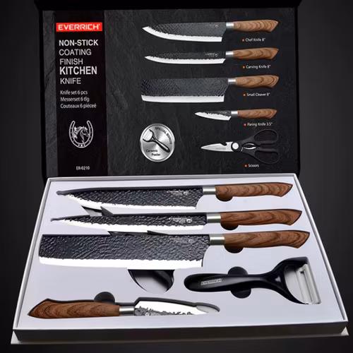 Lyxigt köksknivset i rostfritt stål & keramisk beläggning – 6 delar + elegant presentbox