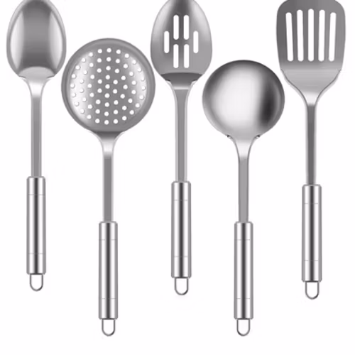 5-delars köksredskap i rostfritt stål – slitstarka köksredskap med slevar, hålslev, slevsked, spatel & sked – silver
