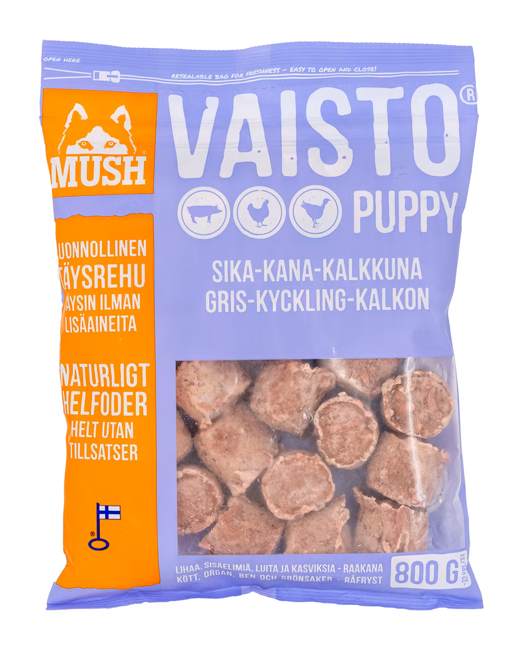 MUSH Vaisto® Puppy Ljuslila Fryst helfoder (gris–kyckling-kalkon) SKICKAS EJ!