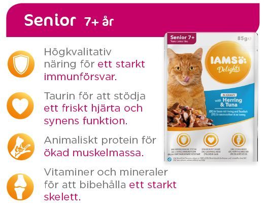 IAMS Delights våtfoder för äldre/senior katter Blandade kött- och fisksmaker i sås 12 x 85 g påsar