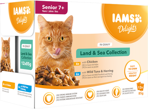 IAMS Delights våtfoder för äldre/senior katter Blandade kött- och fisksmaker i sås 12 x 85 g påsar