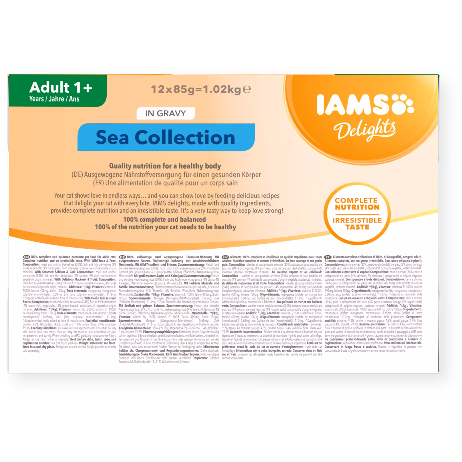 Nyhet: IAMS Delights våtfoder för vuxna katter Blandade fisksmaker i sås 12 x 85 g påsar
