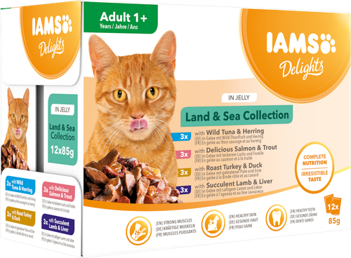Nyhet: IAMS Delights våtfoder för vuxna katter Blandade kött- och fisksmaker i gele´ 12 x 85 g påsar