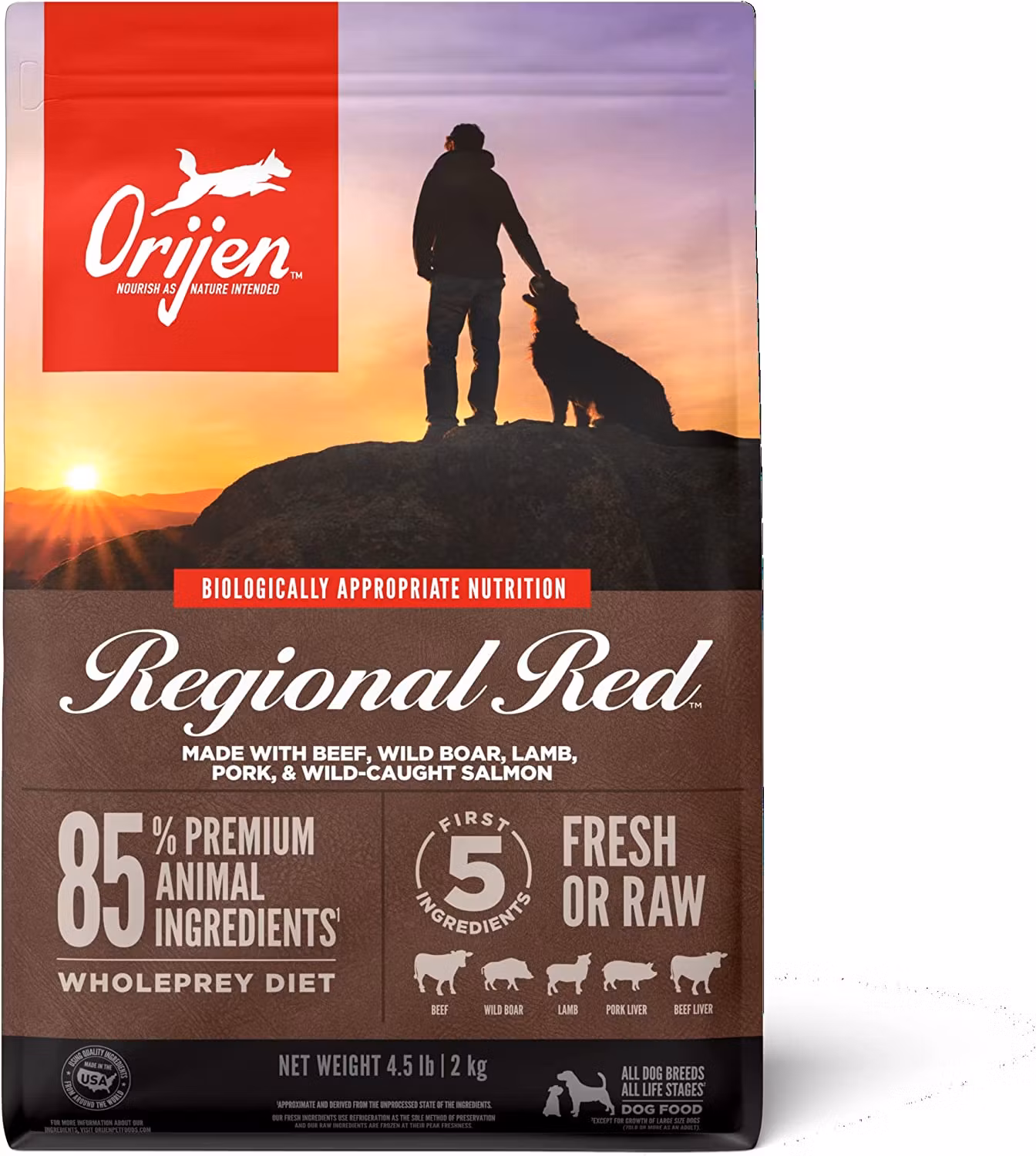 Orijen Dog Regional Red. Biff, Vildsvin, Lamm, Gris. Spannmålsfritt