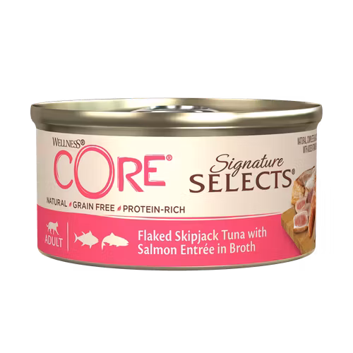 Wellness CORE Signature Selects Flaked Skipjack Tuna with Salmon Entree in Broth - 79g