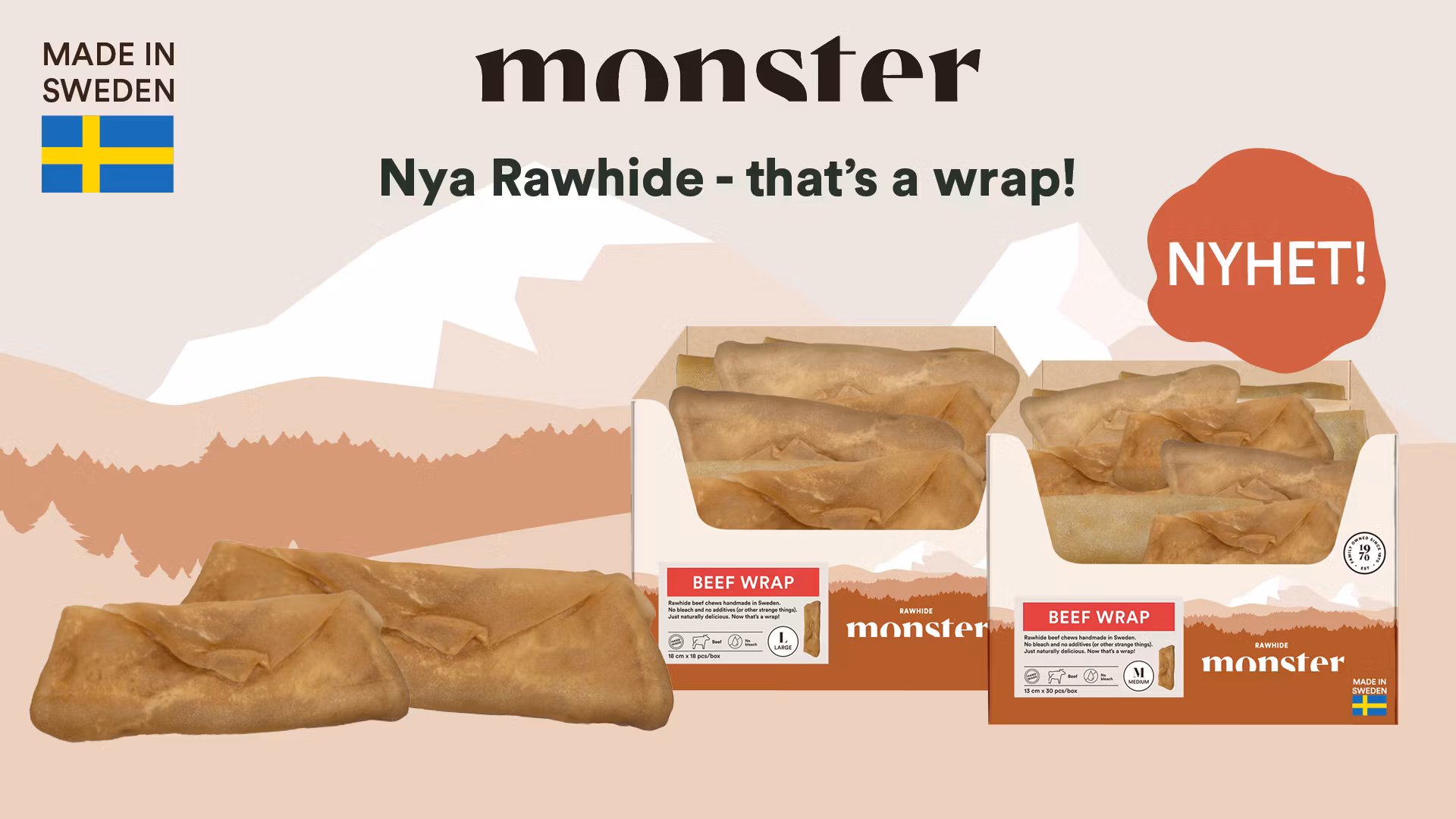 Monster Rawhide Beef Wrap M/L- 100 % svensk råhud av nöt