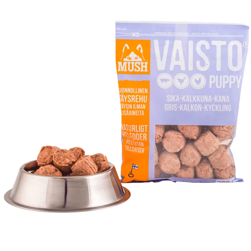MUSH Vaisto® Puppy Ljuslila Fryst helfoder (gris–kyckling-kalkon) SKICKAS EJ!