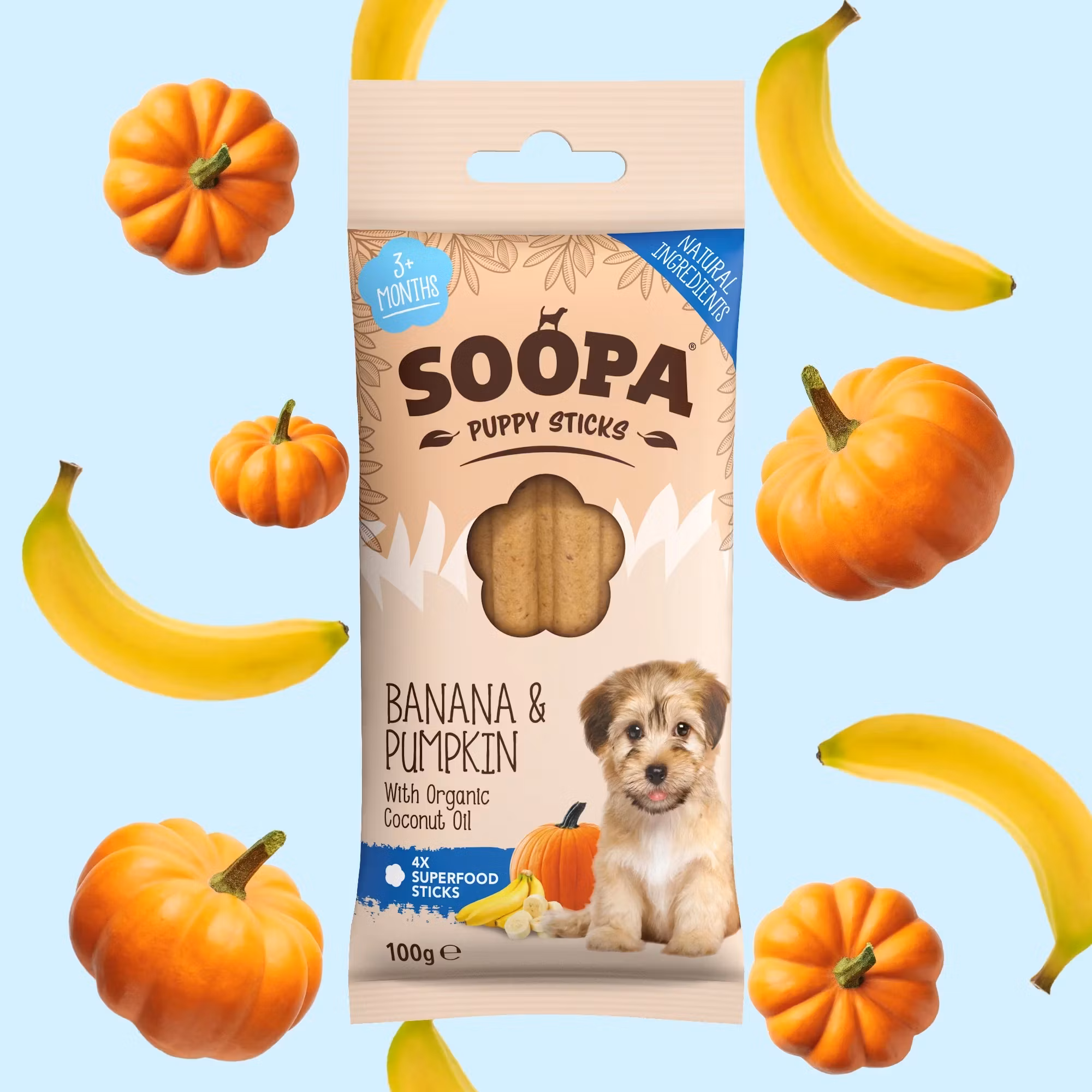 Soopa Banana & Pumpkin Dental Sticks for Puppies (banan & pumpa), veganskt 4 styck/100g