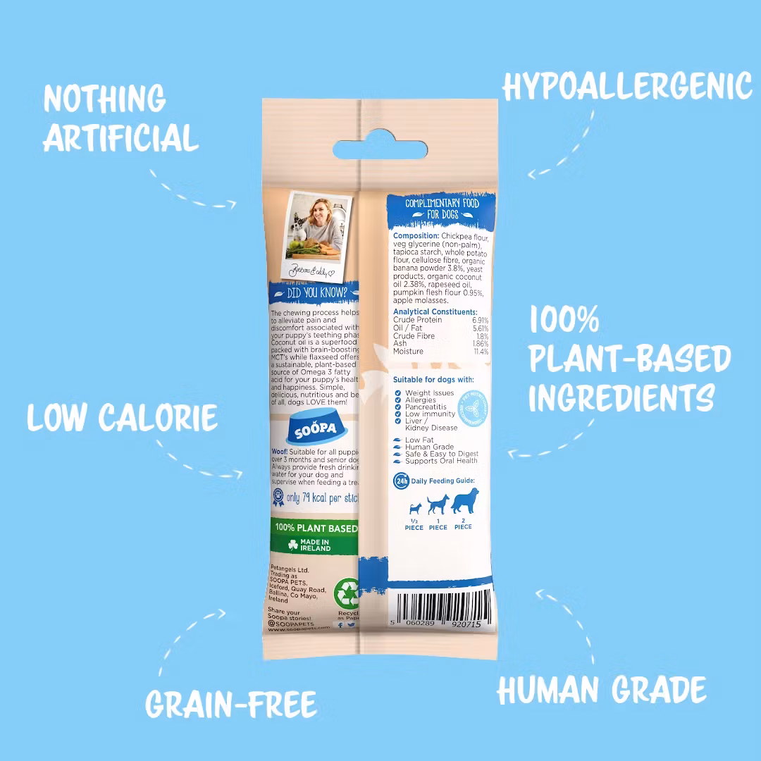 Soopa Banana & Pumpkin Dental Sticks for Puppies (banan & pumpa), veganskt 4 styck/100g