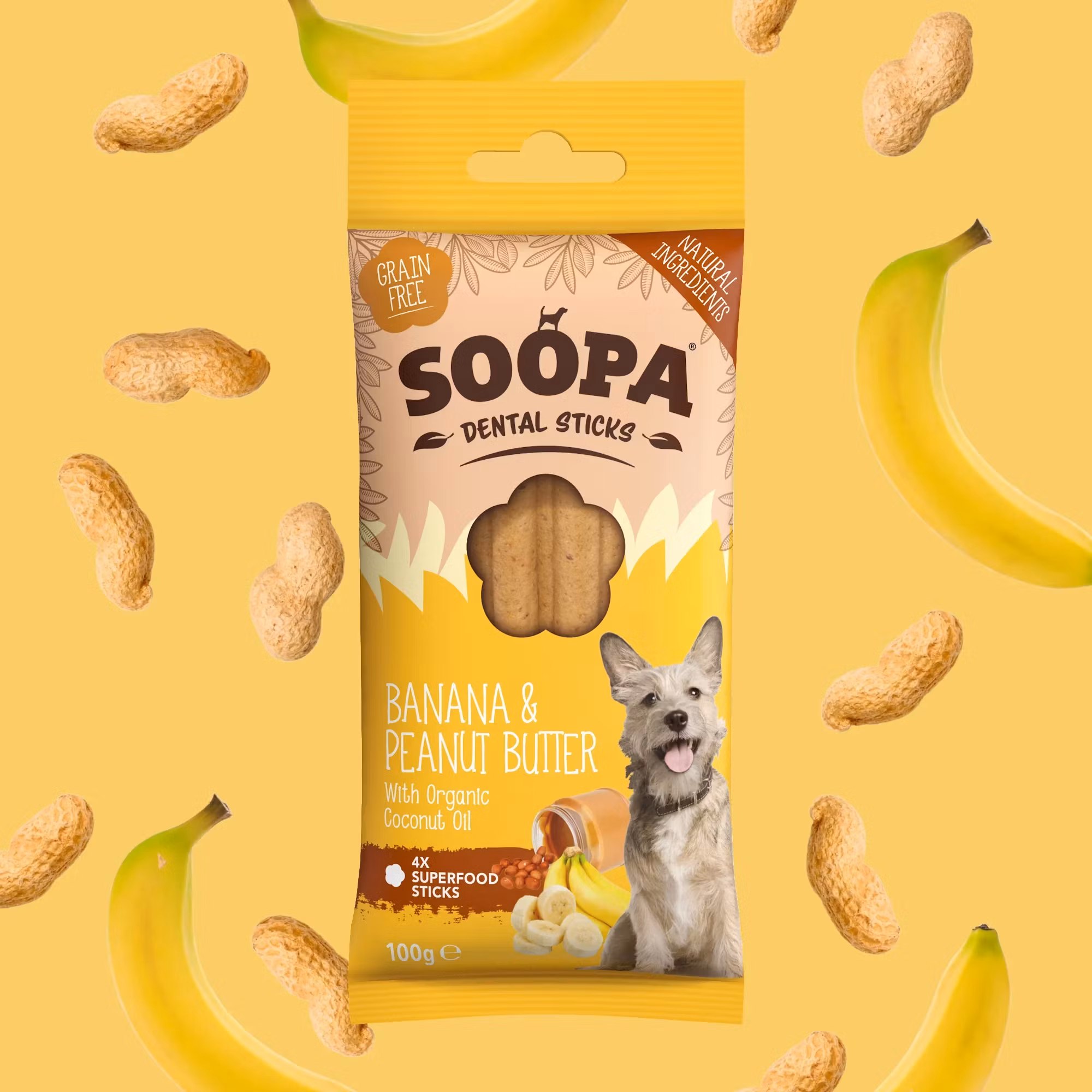 Soopa Dental Sticks Banana & Peanut Butter (banan & jordnötssmör) veganskt  4 styck/100g
