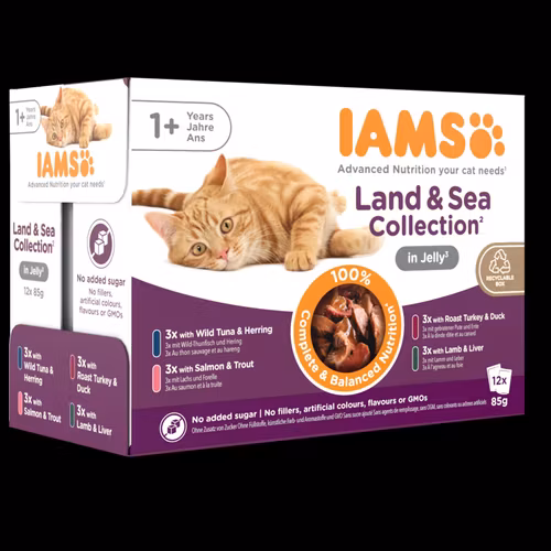 IAMS Wet Food Adult Land & Sea Collection in Jelly- kött- och fisksmaker i gele´ 12 x 85 g påsar