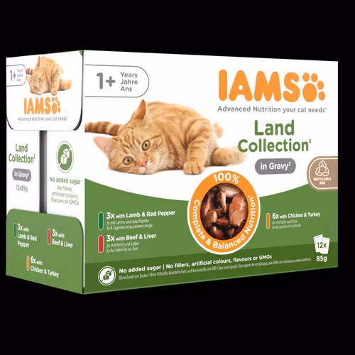 IAMS Wet Food Adult Land Collection in Gravy- Blandade köttsmaker i sås 12 x 85 g påsar