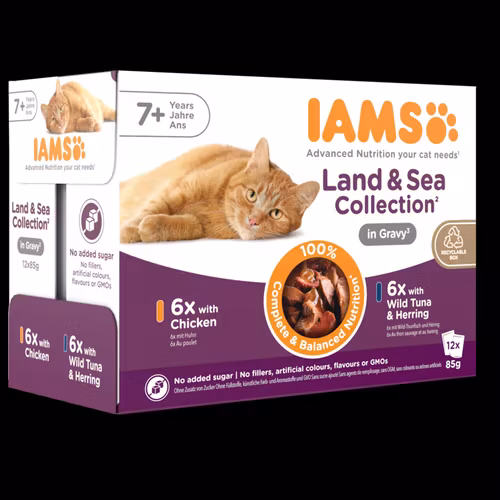 IAMS Wet Food Senior Land & Sea Collection in Gravy- för äldre/senior- kött- och fisksmaker i sås 12 x 85 g påsar