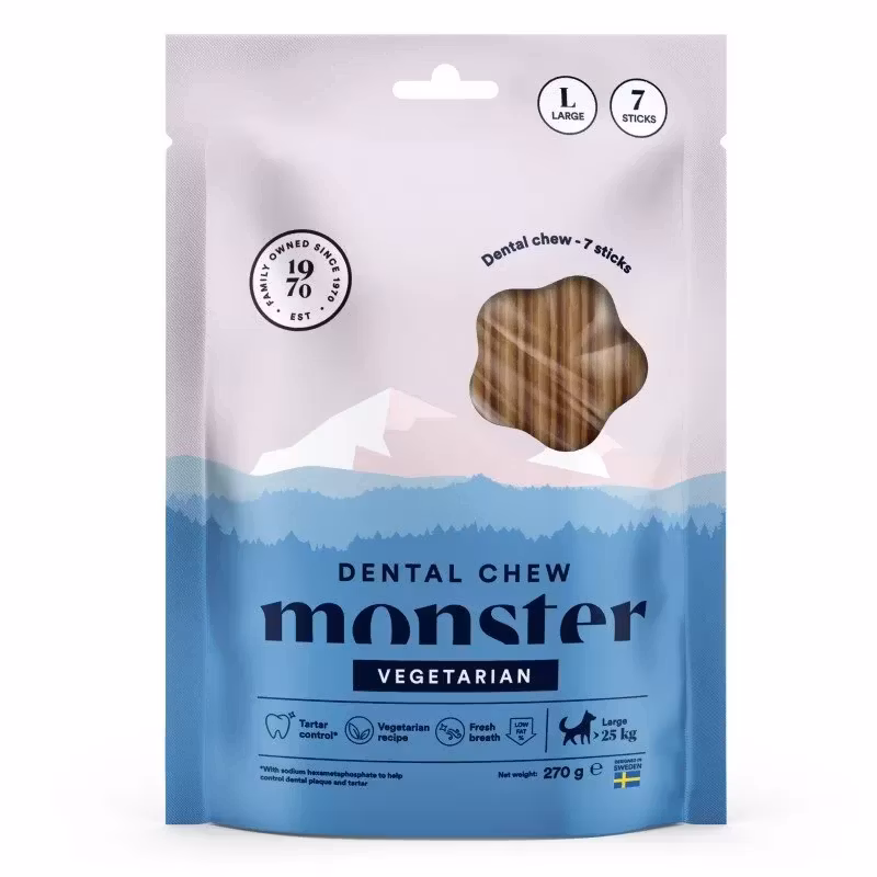 Monster Dog Dental Chew Vegetarian. S, M & L. 7 el 28 pack Glutenfritt, vegetariskt