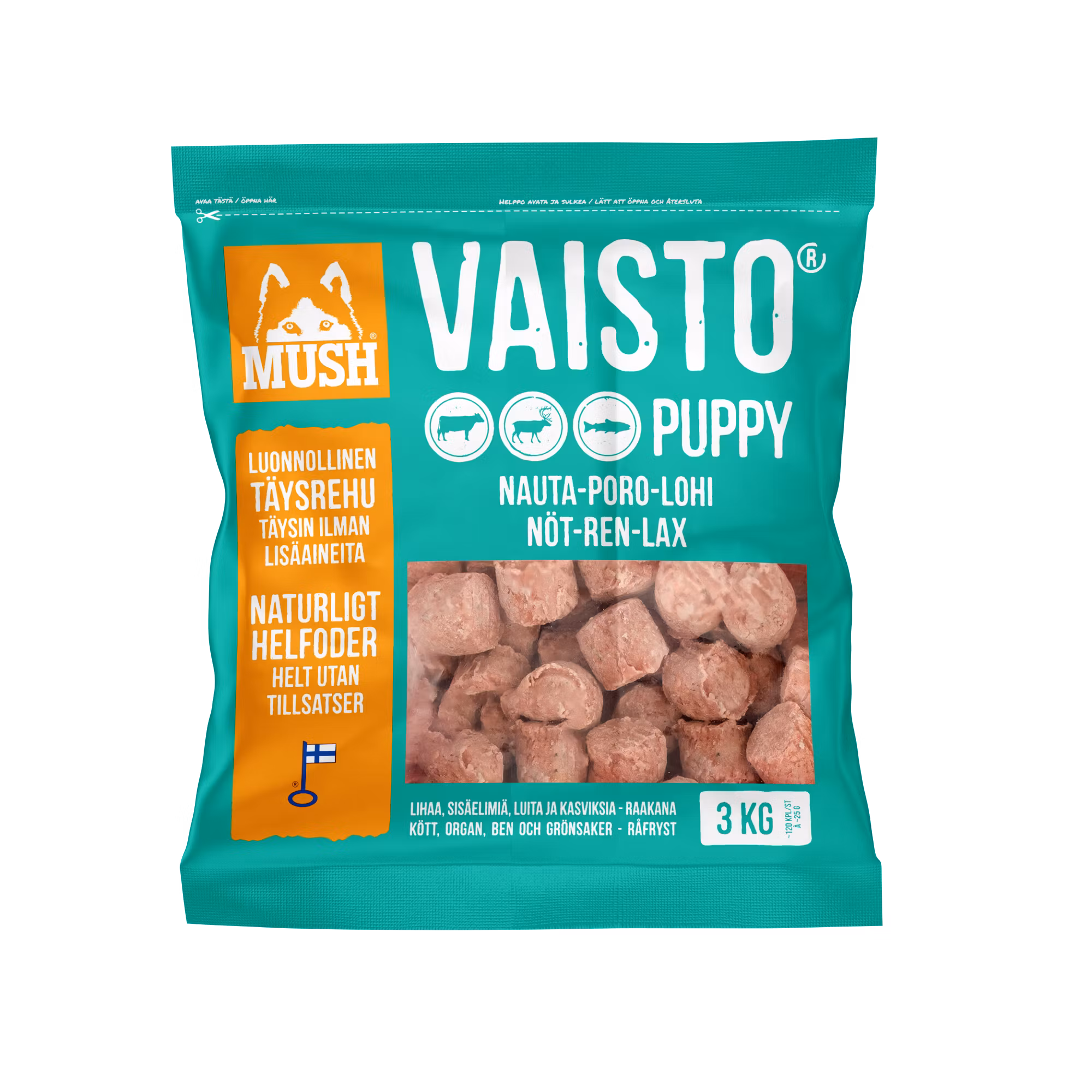 MUSH Vaisto® Puppy Isblå Fryst helfoder (nöt-ren-lax) SKICKAS EJ!