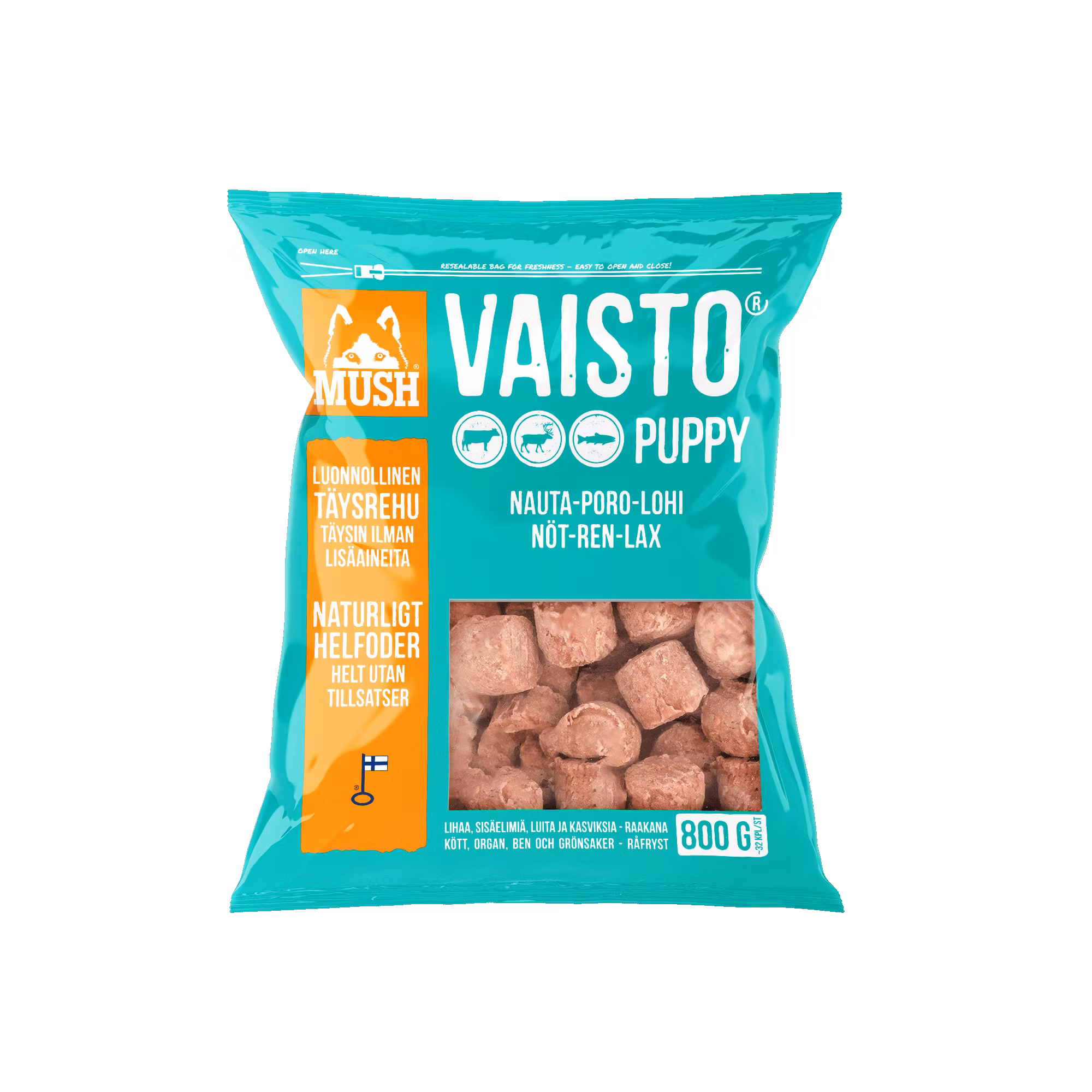 MUSH Vaisto® Puppy Isblå Fryst helfoder (nöt-ren-lax) SKICKAS EJ!