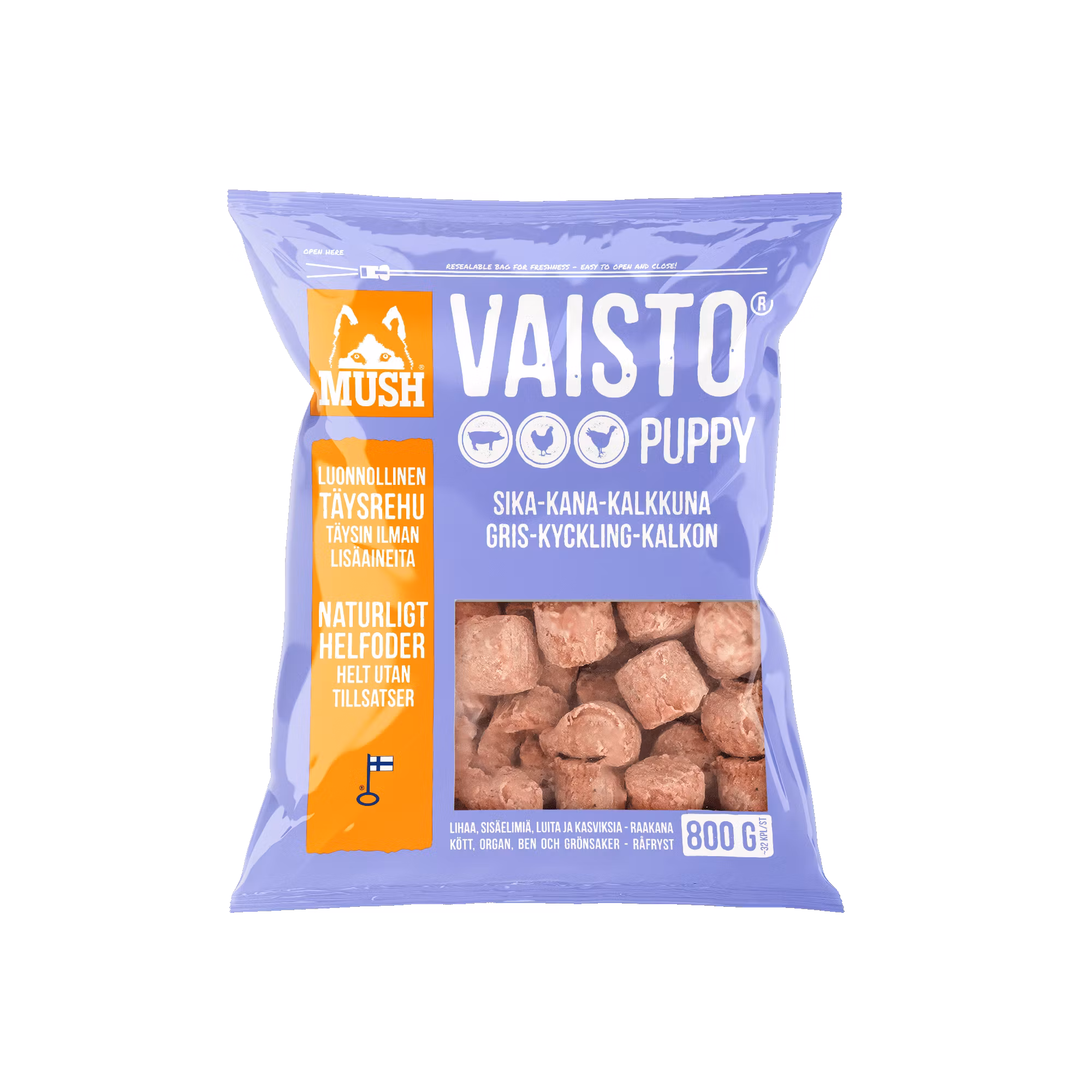 MUSH Vaisto® Puppy Ljuslila Fryst helfoder (gris–kyckling-kalkon) SKICKAS EJ!